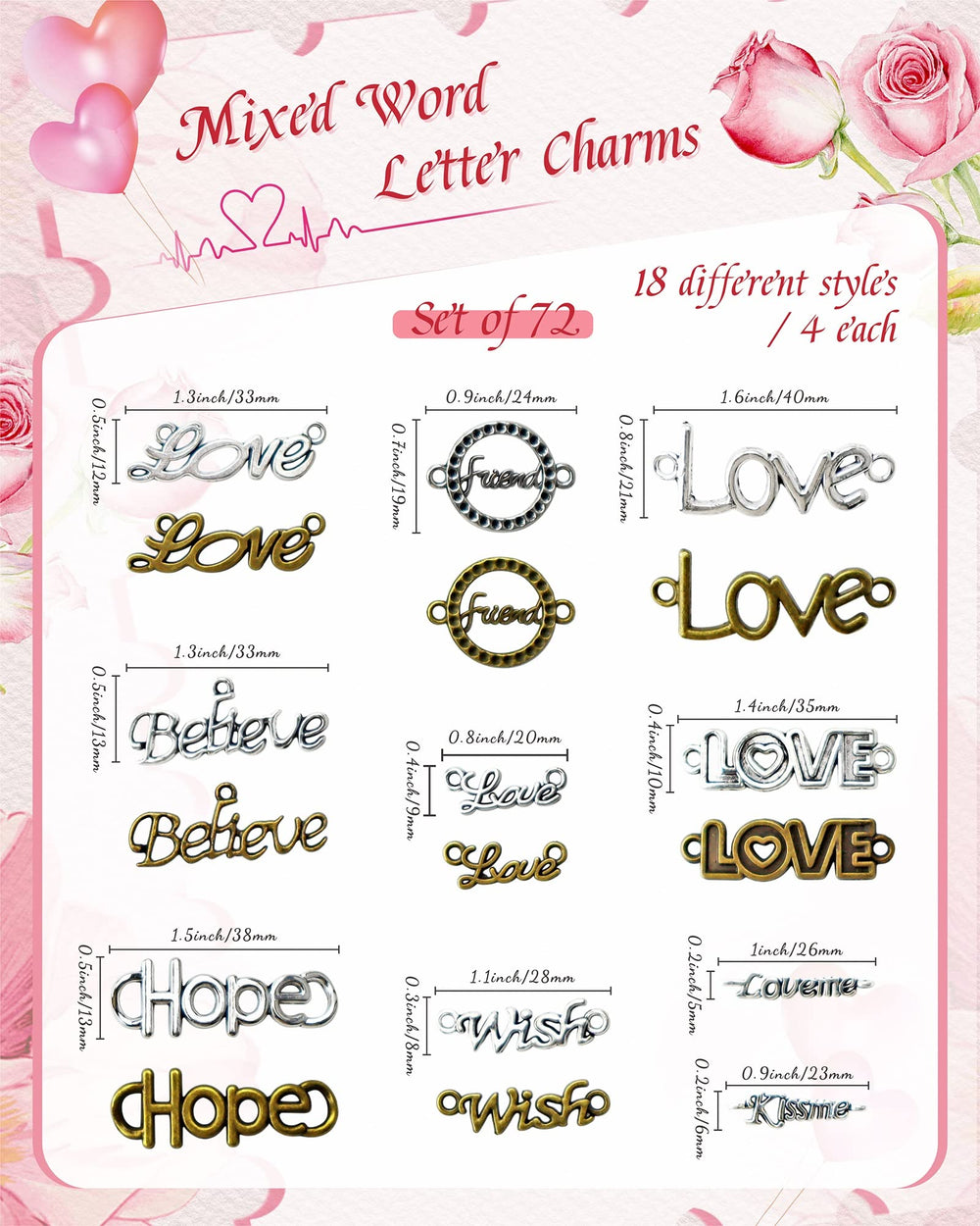 72pcs Mixed Word Letter LOVE HOPE Believe Wish Kissme Connector Link Charms Pendants DIY for Necklace Bracelet Jewelry Making