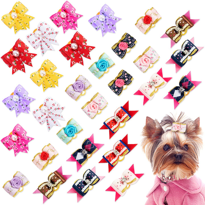 Addachic 30 Pcs/15 Pairs Quality Dog Bows with Rubber Bands and Rhinestone Pearls Cute Doggy Hair Bows Handmade Accessories for Puppy Yorkie Poodle Shih Tzu Hair Pet Grooming Accessories