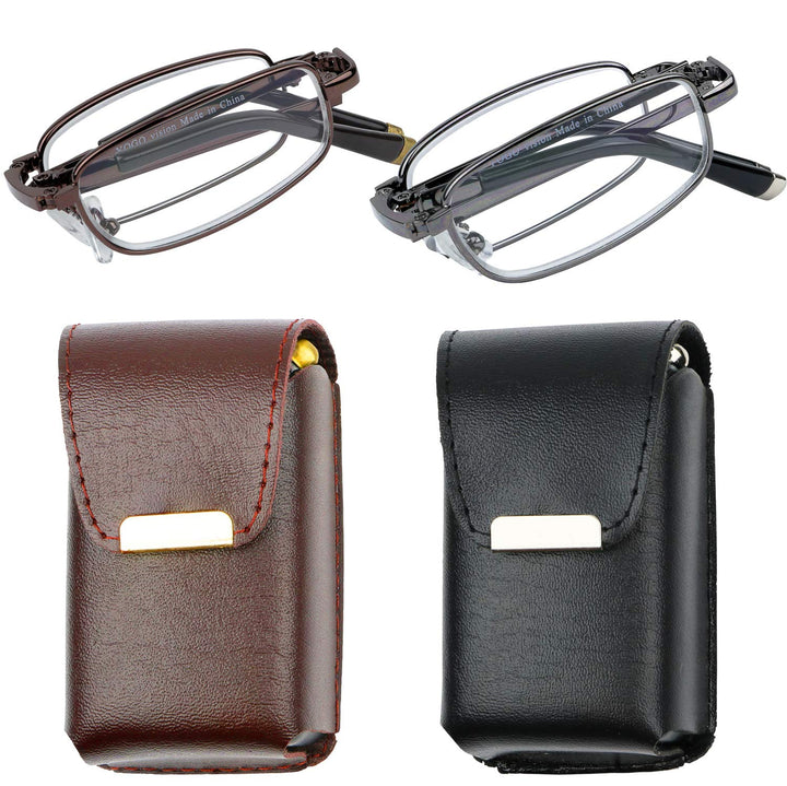 Reading Glasses Set of 2 Fashion Folding Readers with Leather Cases Brown and Gunmetal Glasses for Reading for Men and Women Set of Gunmetal and Brown 1.75