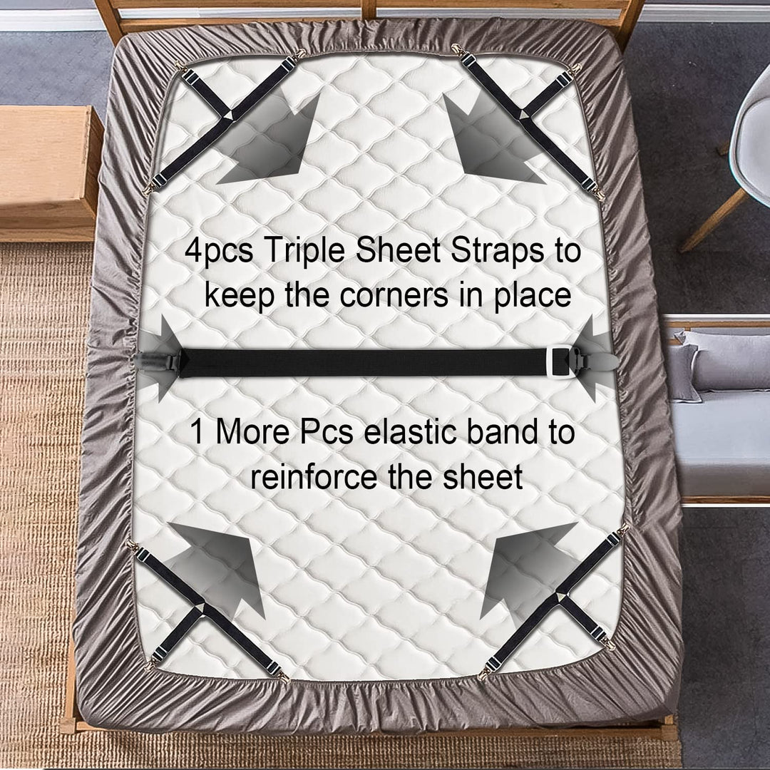 Bed Sheet Straps Set 4+1 Pcs. Sheet Holders for Corners, Bedsheet Clips Elastic Adjustable Sheet Fasteners Heavy Duty Fitted Sheet Grippers for Bedding Sheet (Black)