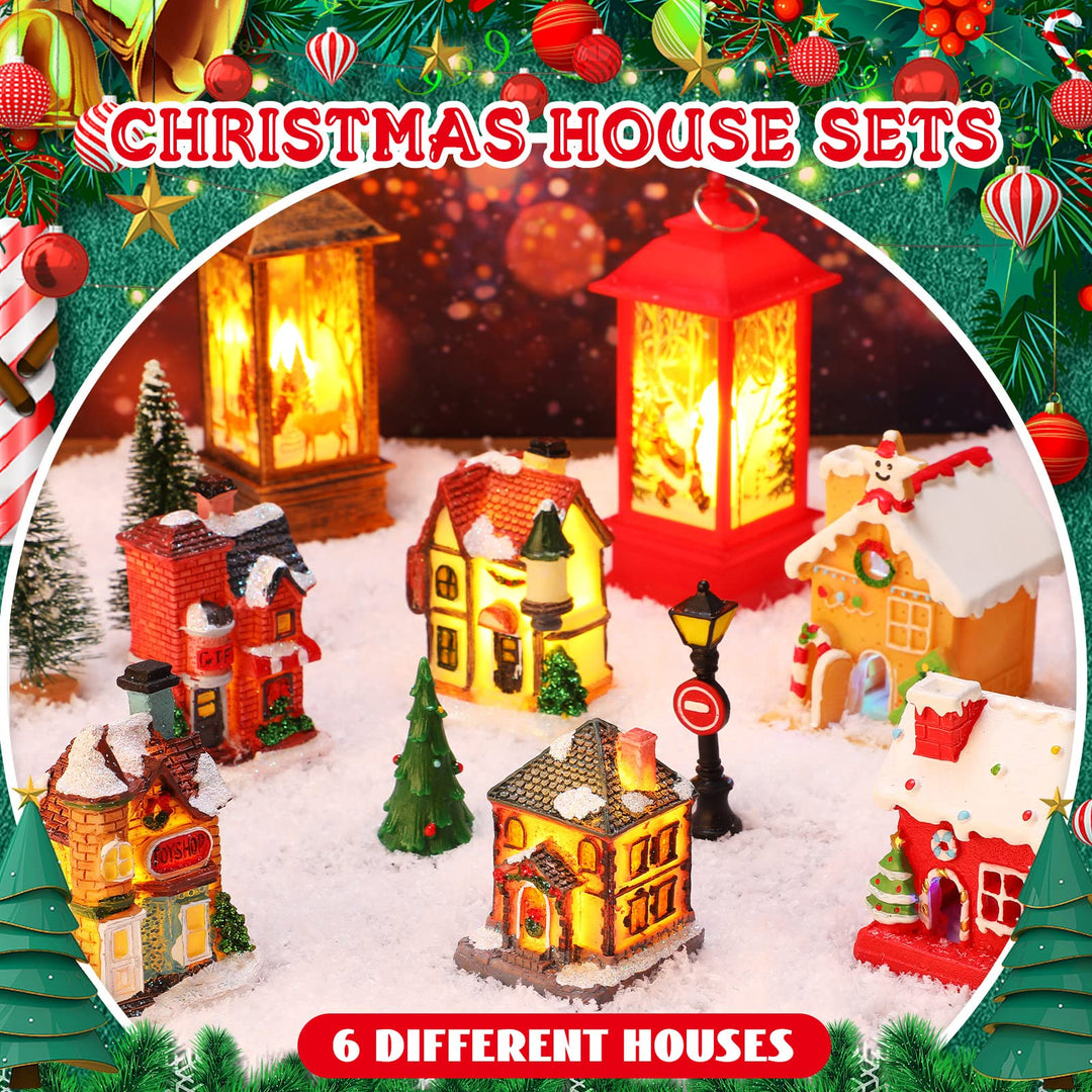26 Pieces Christmas Village Sets Lighted Christmas Village Houses Xmas Light up Decorations Mini Village Accessories Christmas Collectible Buildings for Xmas Winter Decorations