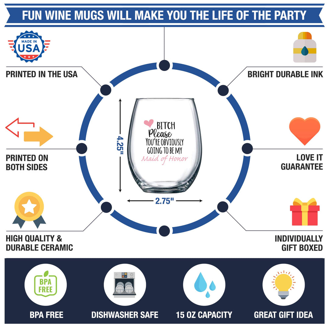 You&#39;re Obviously Going To Be My Maid Of Honor Funny Stemless Wine Glass 15oz – Bridesmaid Proposal Gifts for Best Friend or MOH - Perfect Present for Wedding or Bachelorette Party