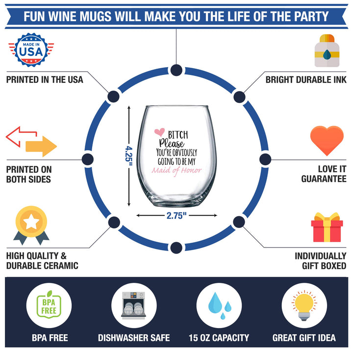 You&#39;re Obviously Going To Be My Maid Of Honor Funny Stemless Wine Glass 15oz – Bridesmaid Proposal Gifts for Best Friend or MOH - Perfect Present for Wedding or Bachelorette Party