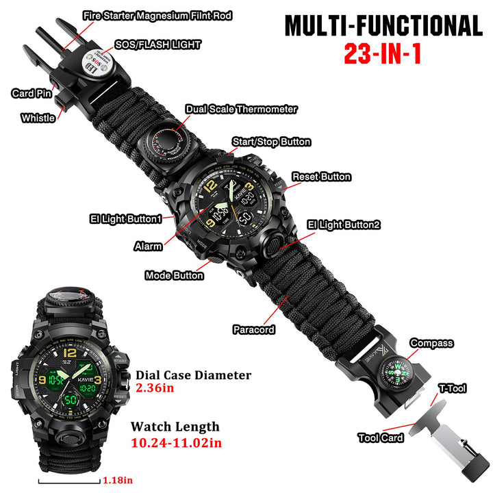 23-in-1 Survival Military Digital Watch, Mens Tactical Multi-Functional and Adjustable Wristband Outdoors Waterproof Black Sports Watches with Compass Paracord Band