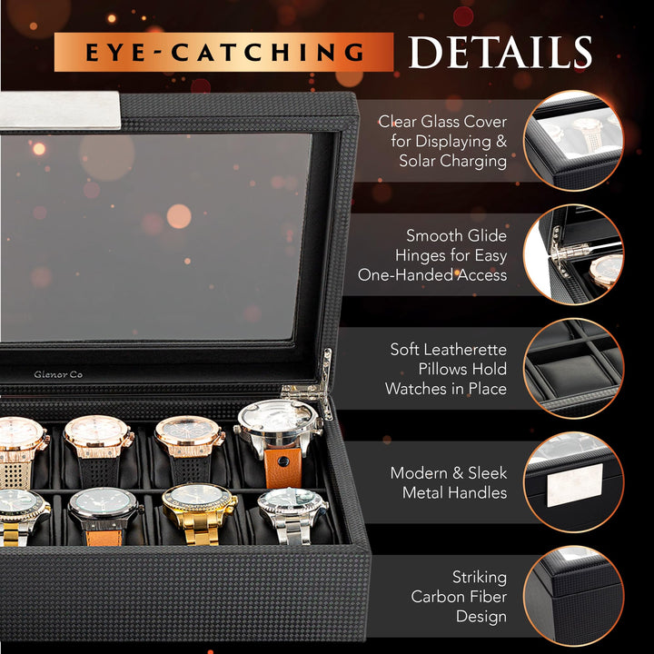 Glenor Watch Box For Men - 12 Slot Luxury Carbon Fiber Design Display Case, Large Holder, Metal Buckle -Black By