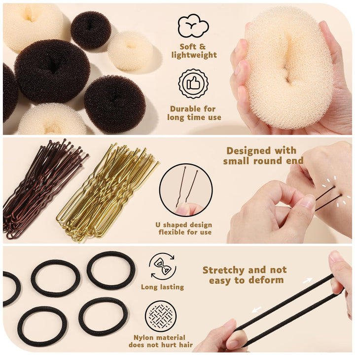 Hair Bun Maker Set, Donut Bun Maker Set With 4pcs Dark Brown &amp;4pcs Beige(2 extra-large,2 large,2 medium and 2 small), 5 pieces Hair Elastic Bands, 40 pieces Hair Bobby Pins (Brown and Gold)