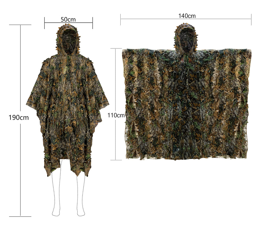 3D Leafy Camo Poncho Camoflage Woodland Cape Lightweight Ghillie Suit for Men, Ghillie Hood for Turkey Hunting Bird Watching Military Training Outdoor Airsoft Wildlife Photography Halloween
