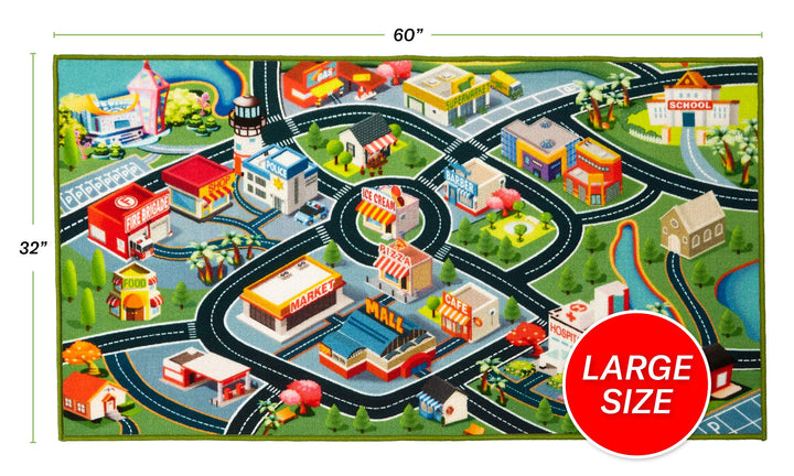 Kids Car Rug Play Mat - Vibrant Kids Carpet for Toy Cars, Road Rug Adventures in Toddler Room - Durable, Non-Slip &amp; Easy Clean