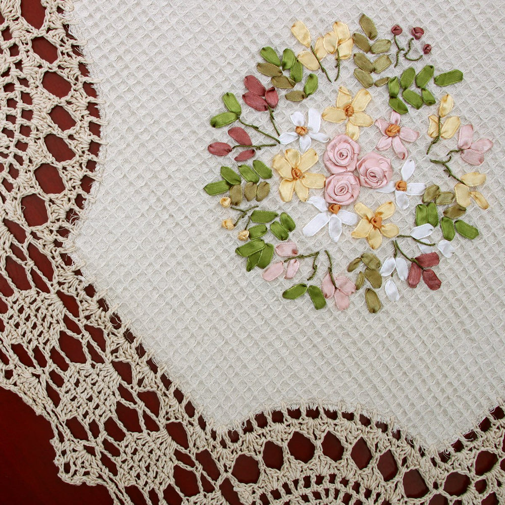 Small Handmade Crochet Cotton Lace Tablecloth, Ribbon Embroidery, Square 33 Inches