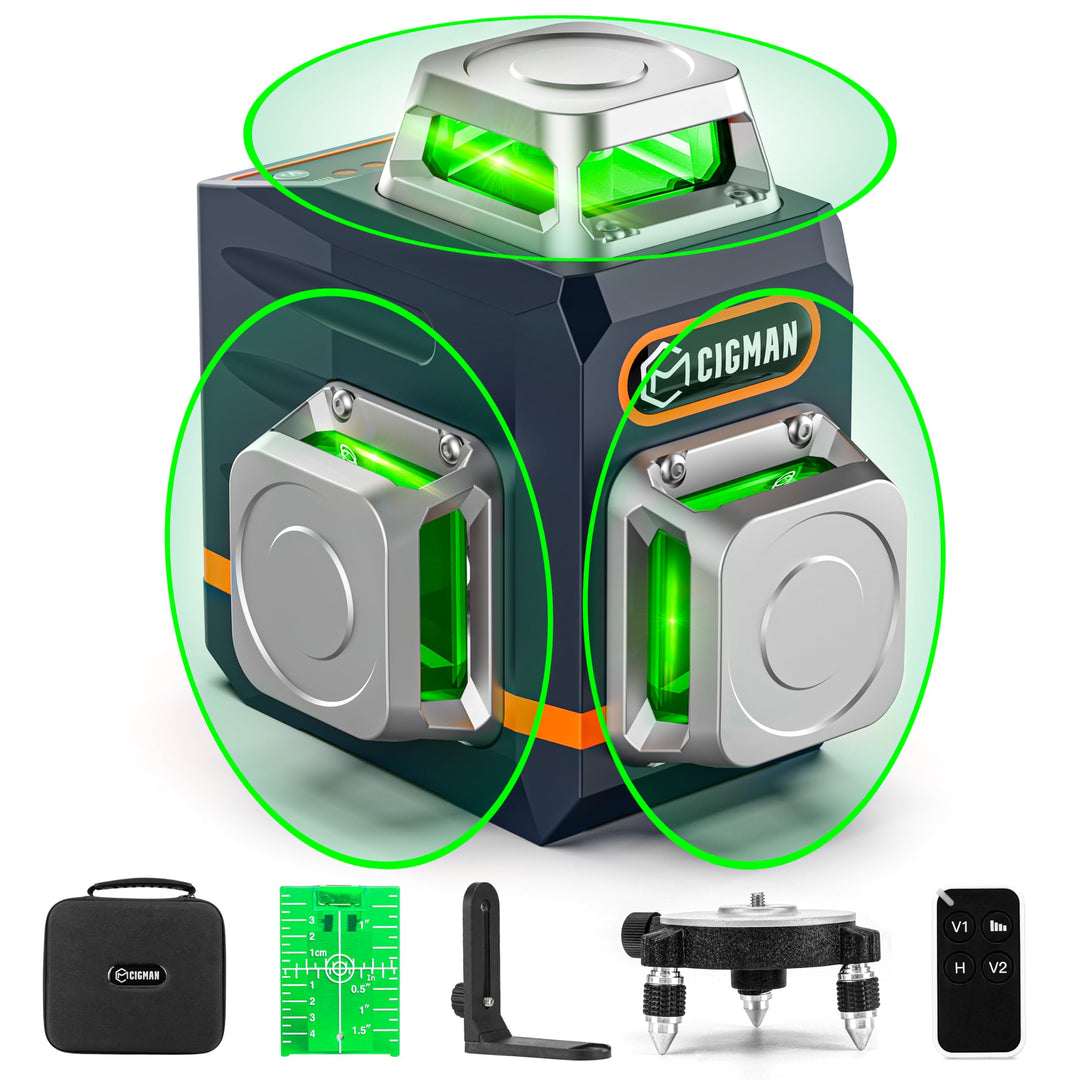 Laser Level Self Leveling 3x360° 3D Green Cross Line for Construction and Picture Hanging, Rechargeable battery, Remote Controller, Magnetic Rotating Stand Included