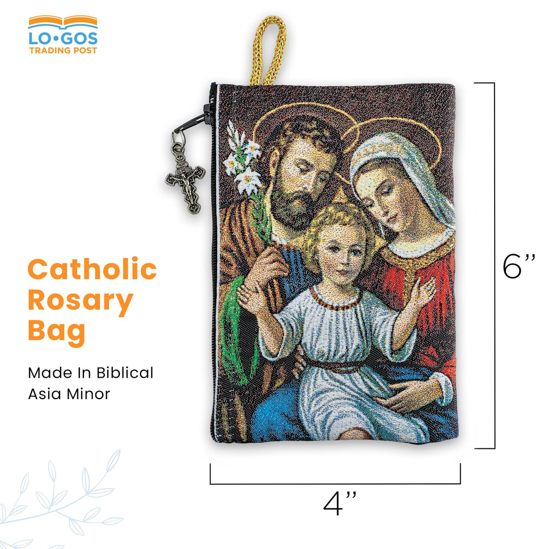 Catholic Rosary Pouch, Holy Family &amp; God is Love, 4 x 6 Jewelry &amp; Coin Purse with Cross, Small Woven Tapestry Icon Bag, Bolsa de Rosario Católico para Joyería