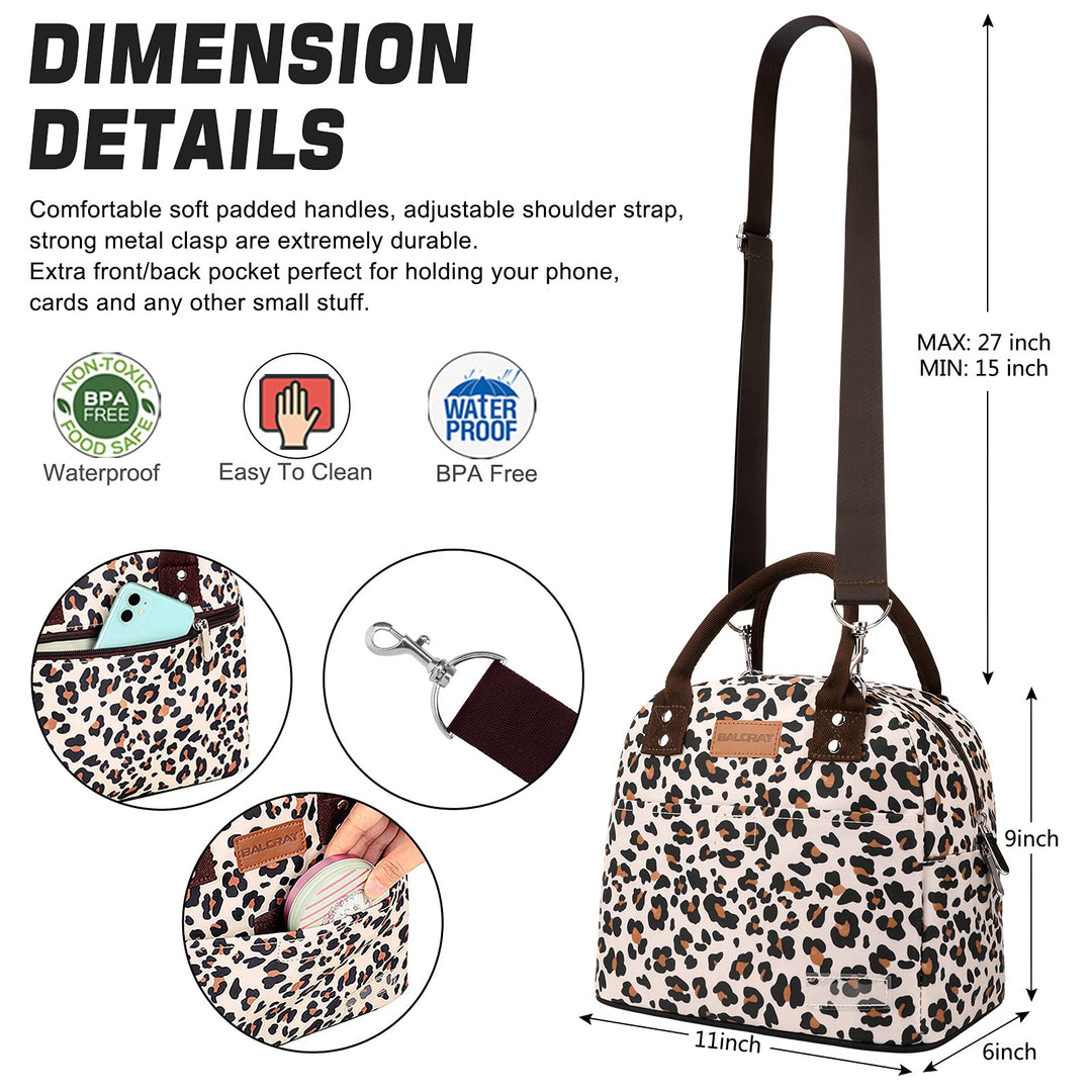 Lunch Bags for Women with Adjustable Shoulder Strap, Leakproof Insulated Lunch Box Women Lunch Tote Bag Cooler Bag Container Lunch Pail Bags for Work Picnic Sports Travel (Beige with leopard)