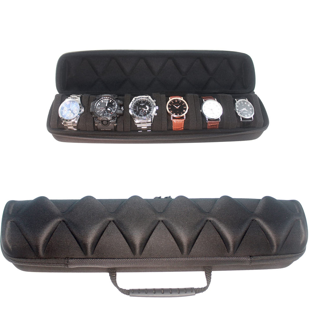 Watch roll travel case organizer for 6 watches, Storage Organizer and Display with innovative watch pillow, fit large up to 60mm faced watches (Black, 6 Slot)