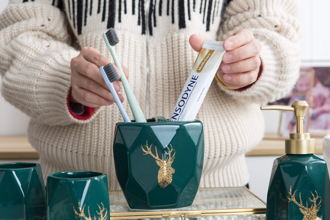 5 Pieces Ceramic Bathroom Accessories Set, Bathroom Vanity Countertop Accessory Set, Include Soap Dispenser, Toothbrush Holder, 2 Tumbler, Soap Dish, Color: Hunter Dark Green…