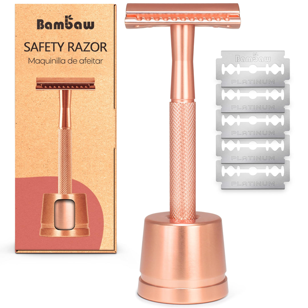 Double Edge Safety Razor with Stand, Women Razor with 5 Double Edge Safety Razor Blades, Plastic Free Metal Razor – Rose Gold