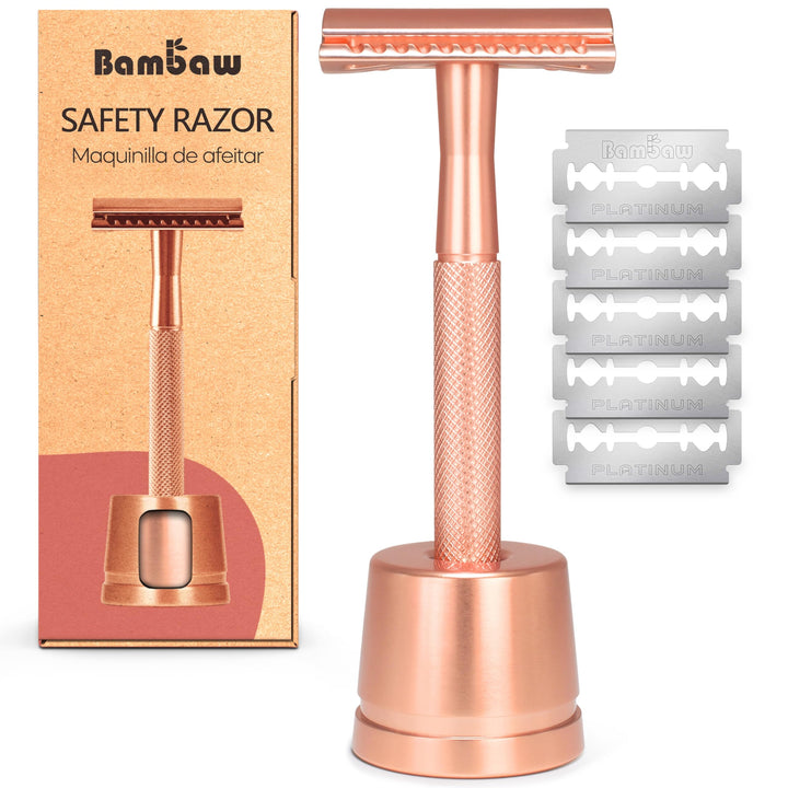 Double Edge Safety Razor with Stand, Women Razor with 5 Double Edge Safety Razor Blades, Plastic Free Metal Razor – Rose Gold