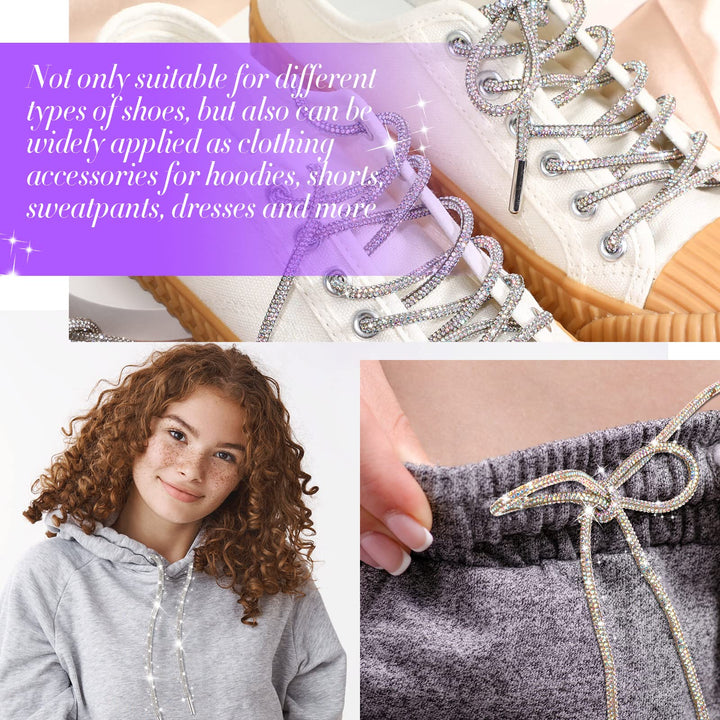 4 Piece Rhinestone Shoe Laces Crystal Glitter Rope Bling Hoodie String Rhinestone Glitter Rope for Sneakers Sweatpants (White, AB Color)