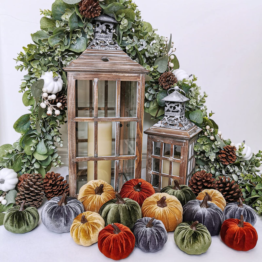 16 Pcs Assorted Small Faux Rustic Harvest Velvet Pumpkins Decorative Rust Orange Gold Olive Gray Fabric Pumpkins Foam Pumpkins Farmhouse Fall Thanksgiving Halloween Table Centerpiece Decor