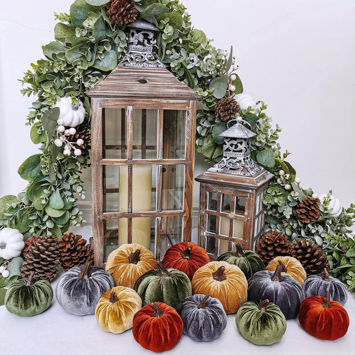 16 Pcs Assorted Small Faux Rustic Harvest Velvet Pumpkins Decorative Rust Orange Gold Olive Gray Fabric Pumpkins Foam Pumpkins Farmhouse Fall Thanksgiving Halloween Table Centerpiece Decor