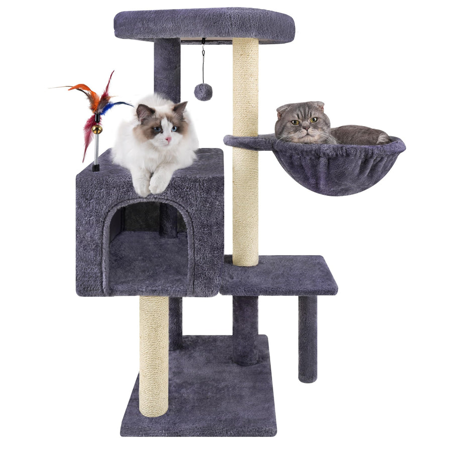 35.4'' Multifunction Cat Tree with Cozy Hammock & Hanging Ball, Cat Tower with Activity Cat Condo & Jute-Covered Scratching Posts, Grey