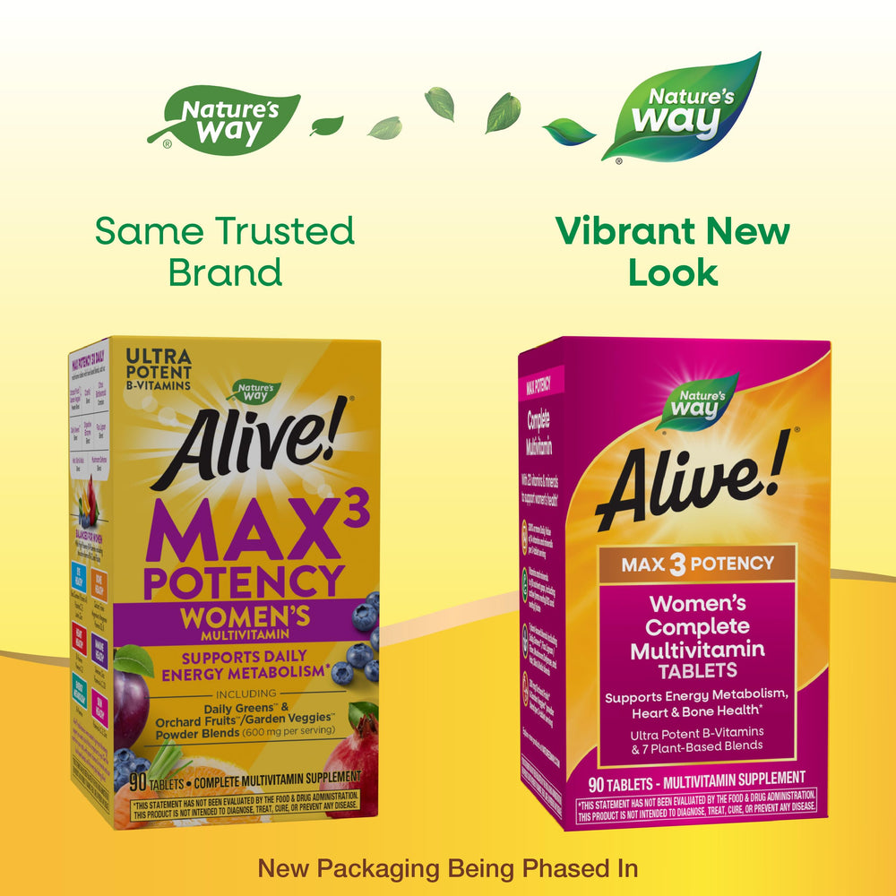 Alive! Max3 Potency Women's Complete Multivitamin, Supports Energy Metabolism, Heart & Bone Health*, with B-Vitamins Including Methylated B12 and Folate, 90 Tablets (Packaging May Vary)