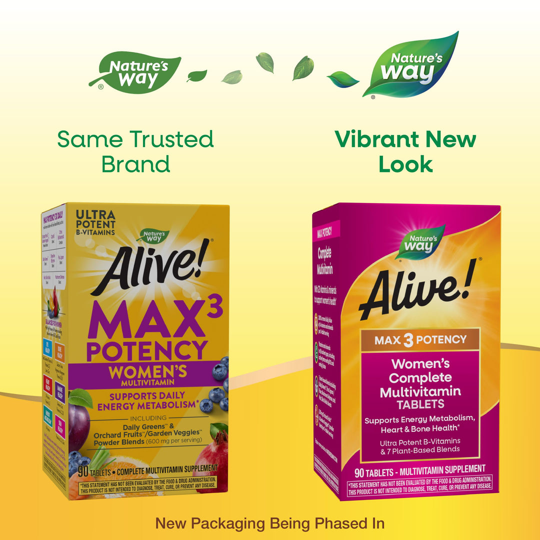 Nature&#39;s Way Alive! Max3 Potency Women&#39;s Complete Multivitamin, Supports Energy Metabolism, Heart &amp; Bone Health*, with B-Vitamins Including Methylated B12 and Folate, 90 Tablets (Packaging May Vary)