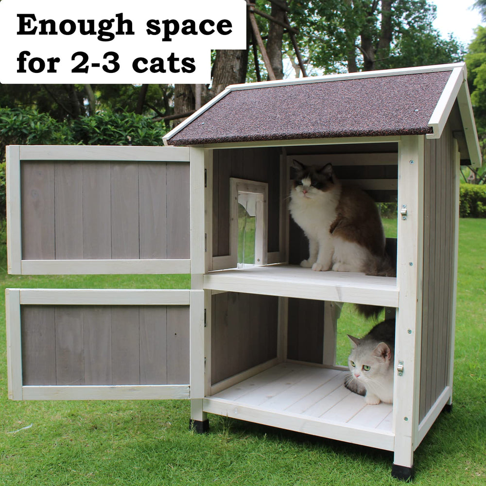 Outdoor Cat House, Large Outdoor Houses for Feral Cats Wooden Outside Cat Shelter Weatherproof with Escape Door