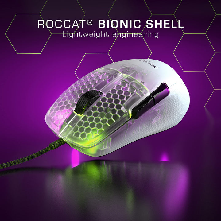 Kone Pro PC Gaming Mouse, Lightweight Ergonomic Design, Titan Switch Optical, AIMO RGB Lighting, Superlight Wired Computer Mouse, Titan Scroll Wheel, Bionic Shell, 19K DPI, White