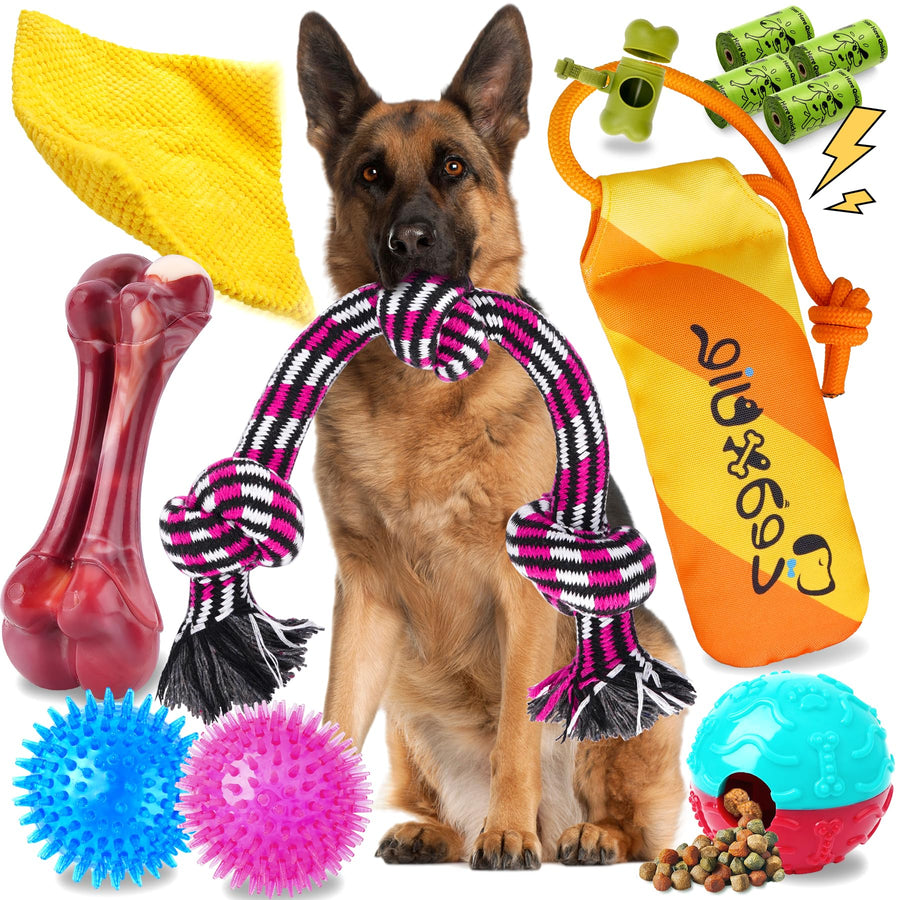 12 Pack Heavy Duty Various Dog Chew Toys Pack for Aggressive Chewers - Includes Large Rope Toy, Squeaky Toys & Indestructible Chew Bone for Medium, Large & X-Large Breeds Dogs