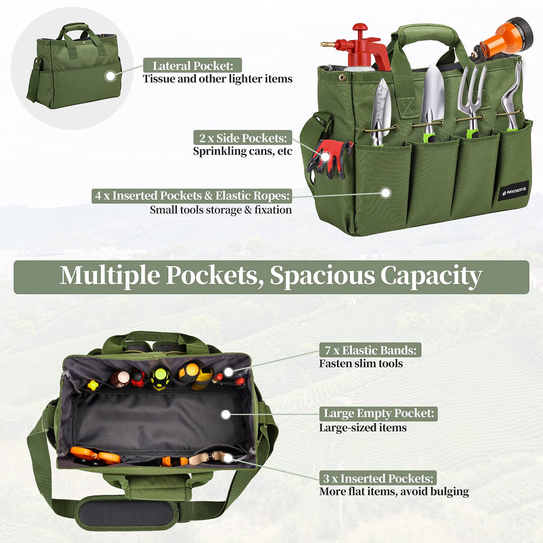 Garden Tote Bag, Gardening Tool Bag Organizer with Pockets &amp; Handle, 900D Heavy Duty Garden Storage Bag with Long Adjustable Shoulder Strap for Tools, Green