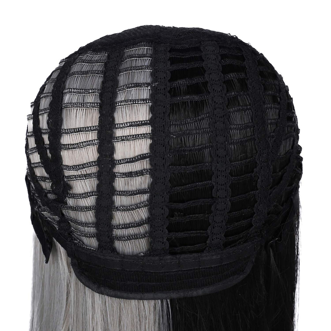 Half Grey Half Black Wig for Women Long Straight Hair with Bangs Soft Natural Wigs for Cosplay Party Halloween