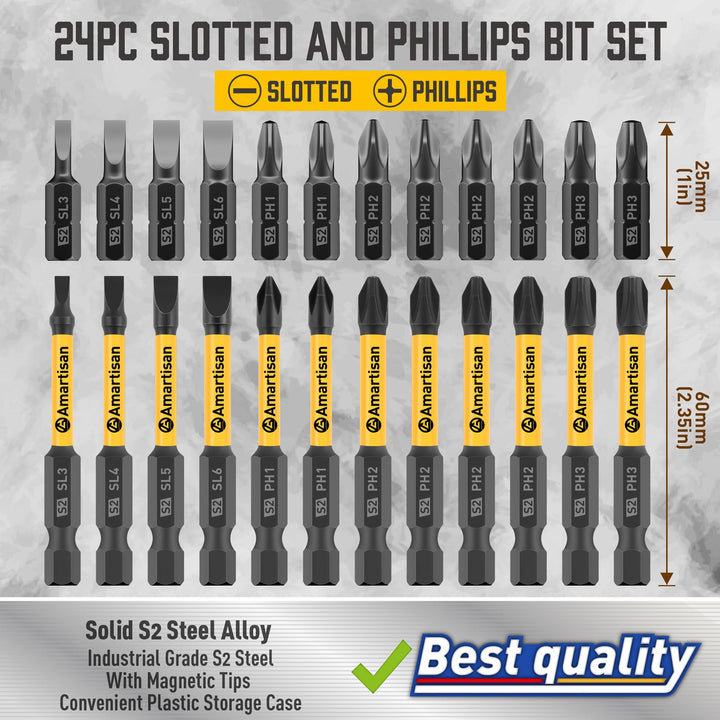 24-piece Screwdriver Bit Set | Magnetic Slotted Phillips driver bit set | S2 Steel, long 1 and 2.3 Head Drill Bits Set