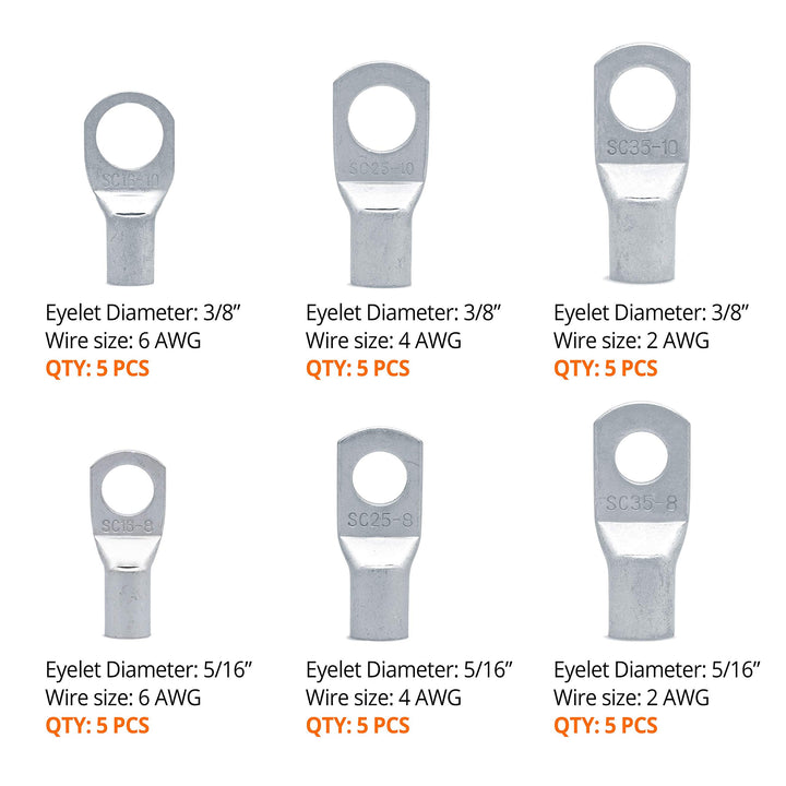 Wirefy 30 PCS Tinned Copper Wire Lugs Kit - Battery Lug