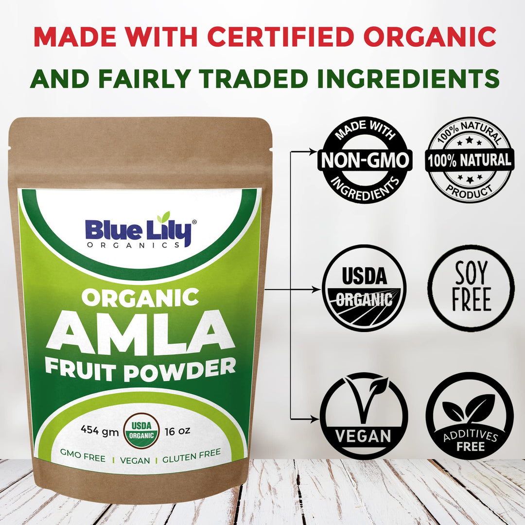 Blue Lily USDA Organic Amla Powder (Amalaki/Indian Gooseberry) 16oz (1lb) Resealable Kraft Bag, 100% Pure Amla Berry Powder, Rich in Antioxidant Vitamin C, Supports Healthy Immune System