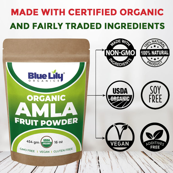 Blue Lily USDA Organic Amla Powder (Amalaki/Indian Gooseberry) 16oz (1lb) Resealable Kraft Bag, 100% Pure Amla Berry Powder, Rich in Antioxidant Vitamin C, Supports Healthy Immune System