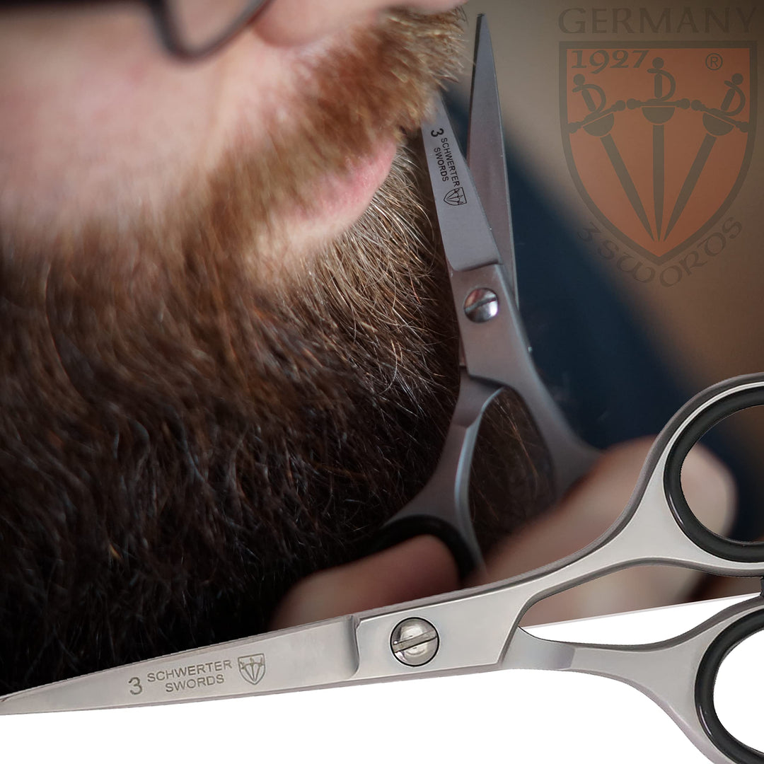 3 Swords Germany – professional BEARD MUSTACHE HAIR SCISSORS, stainless steel, straight blade, sharp, with black case