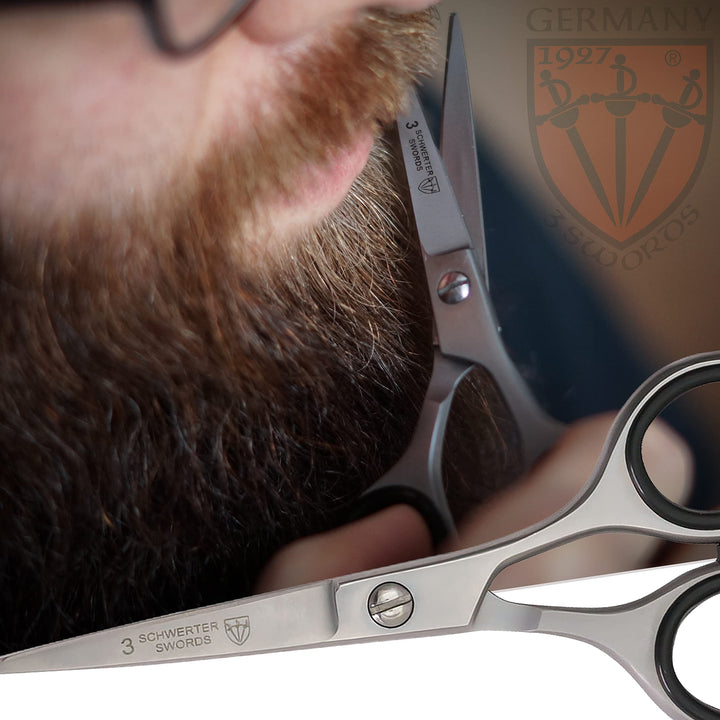 3 Swords Germany – professional BEARD MUSTACHE HAIR SCISSORS, stainless steel, straight blade, sharp, with black case