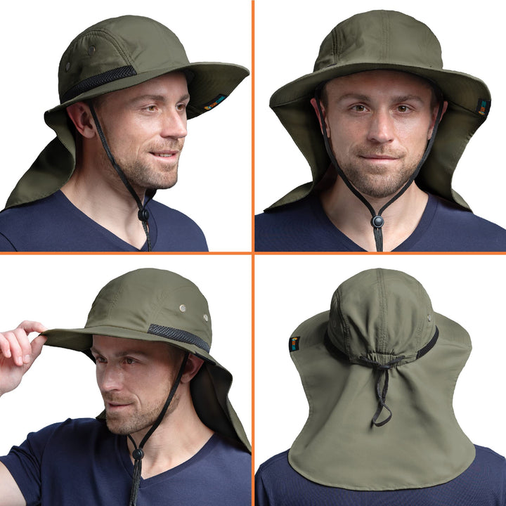 Sun Hat for Men, Wide Brim Fishing Hat Neck Flap Cover Men Women, Hiking Safari, UV Sun Protection Summer Gardening Beach Camping UPF 50+, Olive