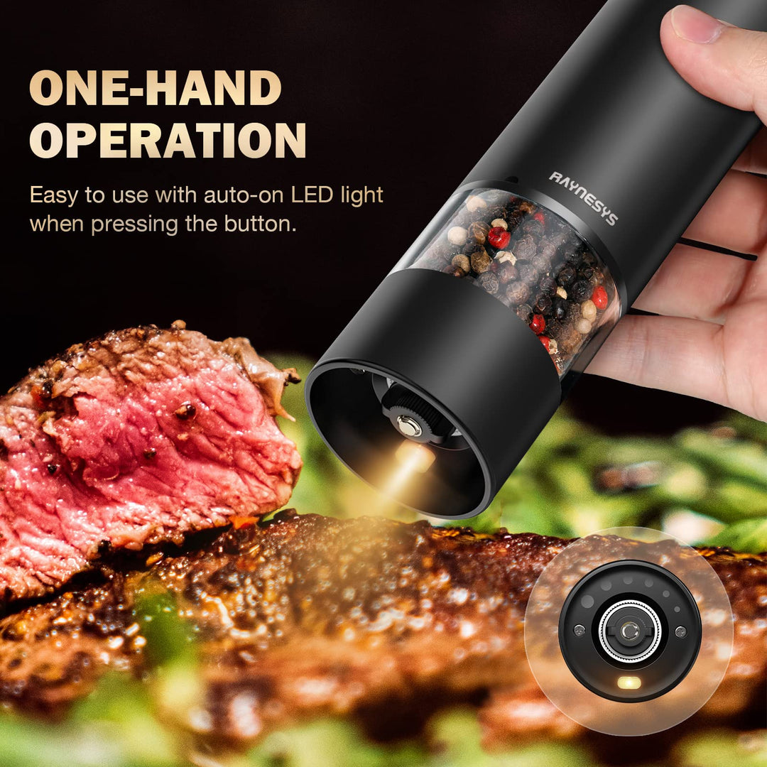 Electric Salt and Pepper Grinder Set Rechargeable, Stainless Steel Salt and Pepper Grinder Mill Set with Adjustable Coarseness, Automatic One Hand Operation, Modern Style, Black, 2 Pack