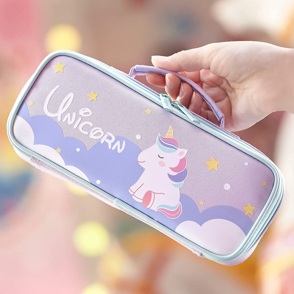 Cute Pencil Case Unicorn Pencil Pouch Medium Capacity Portable Multifunction Pen Bag with Compartments for Girls Kids Teen -Purple