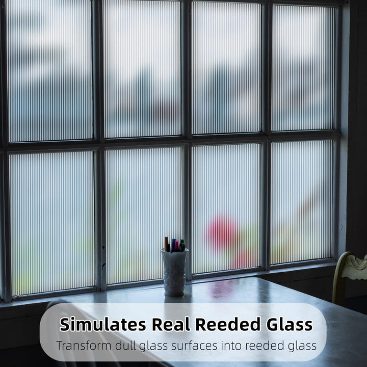 Reeded Glass Window Film, Window Privacy Film, Frosted Window Vinyl, 3D Decorative Window Decals Non Adhesive for Bathroom Living Room 35.4x118 inches