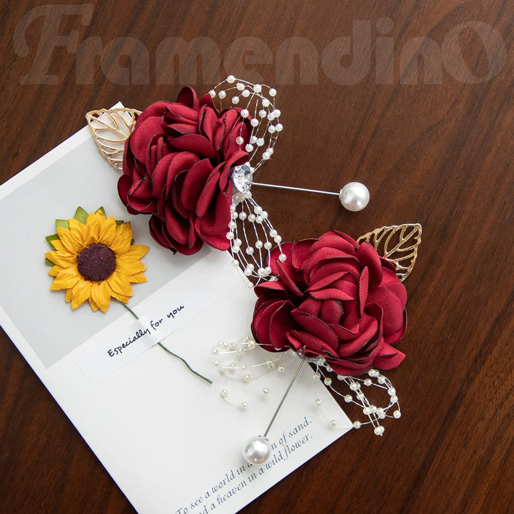, 4 Pack Rose Pearl Bridal Burgundy Wine Red Brooch Corsage Boutonniere Set Bridesmaid Hand Flowers for Wedding Party Decoration