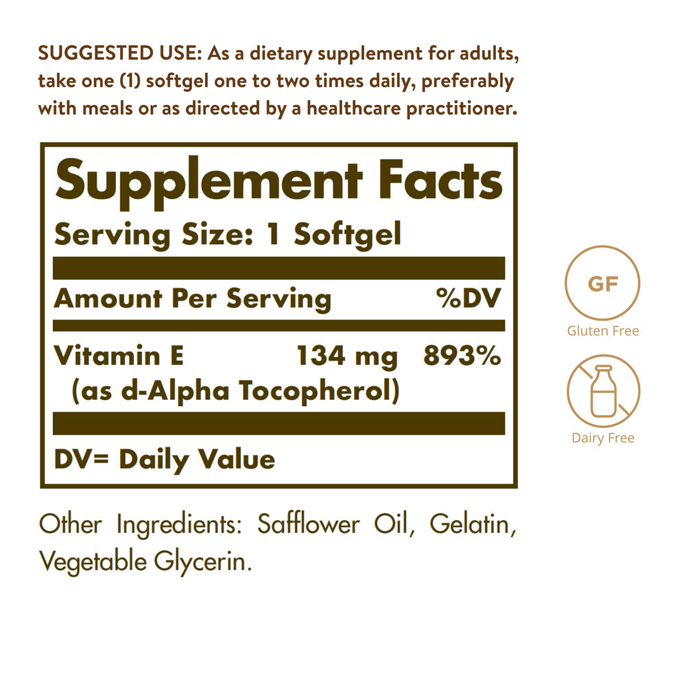 Solgar Vitamin E 200 IU Alpha, 100 Softgels - Antioxida