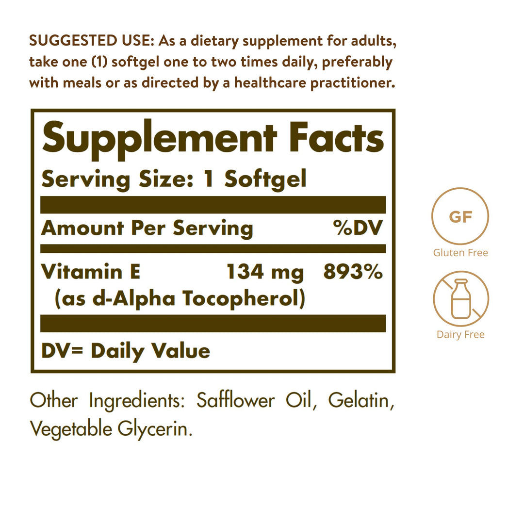 Solgar Vitamin E 200 IU Alpha, 100 Softgels - Antioxida