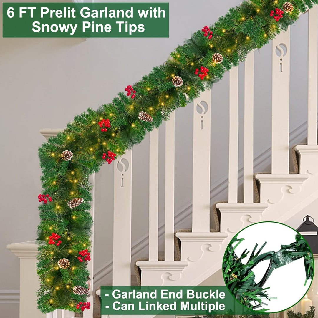 6 Ft 30 LED Prelit Christmas Garland with Lights Timer 8 Modes 170 Branch Snowy Bristle 8 Pinecones 88 Red Berries Battery Operated Cedar Garland Christmas Decorations Home Indoor Mantle