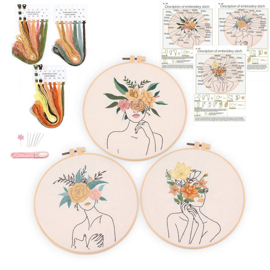 3 in Beginner Embroidery Kit,Floral Plant Pattern,Cross Stitch Kits , Including Stamped Embroidery Cloth with 3 Embroidery Hoops, Color Threads and Embroidery Kits