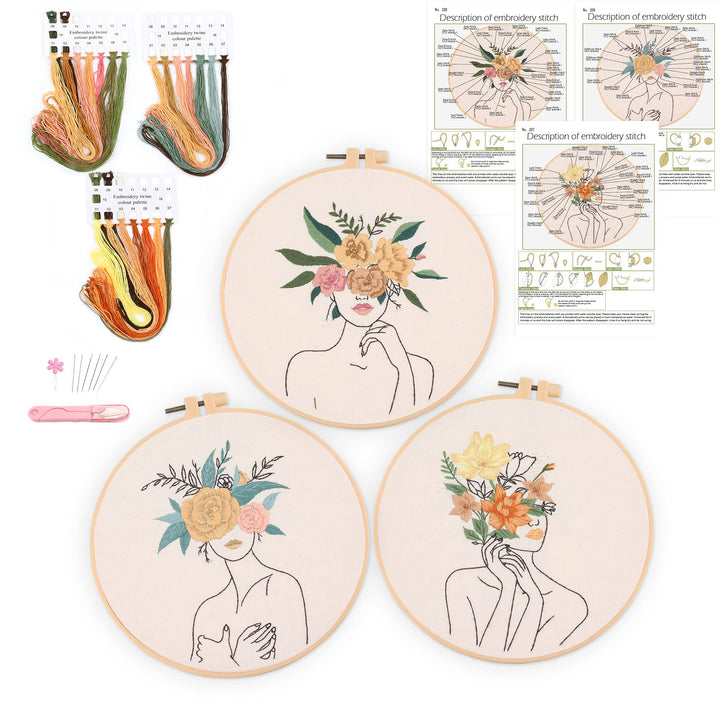 3 in Beginner Embroidery Kit,Floral Plant Pattern,Cross Stitch Kits , Including Stamped Embroidery Cloth with 3 Embroidery Hoops, Color Threads and Embroidery Kits