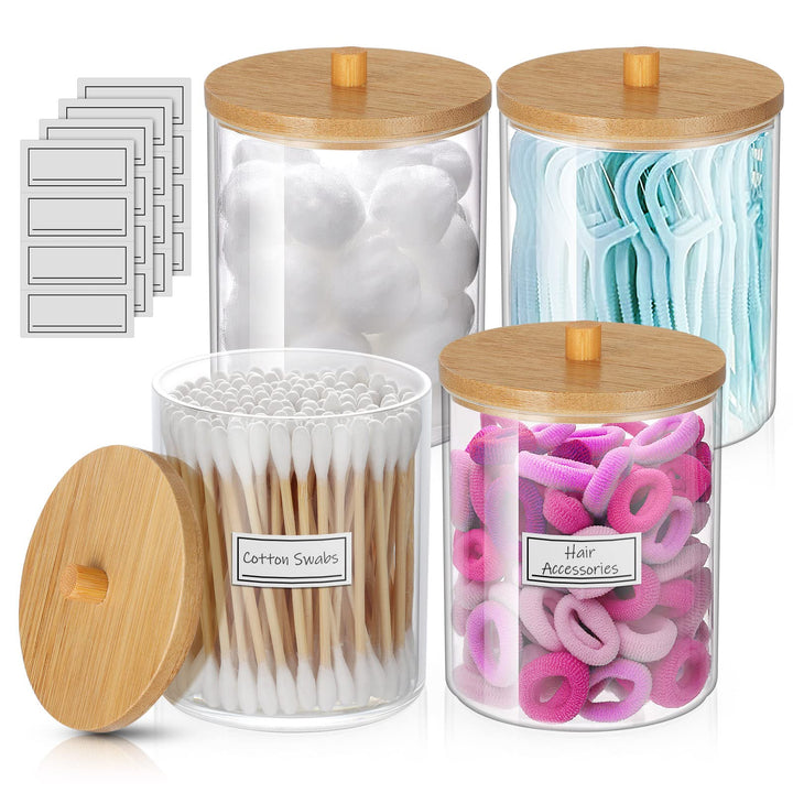 4 Pack Qtip Holder, 10 oz Cotton Ball holder, Qtip Holder Bathroom Set, Acrylic Cotton Swab Holder Q tip Dispenser Apothecary Jars with Lids for Cotton Round Pads, Floss