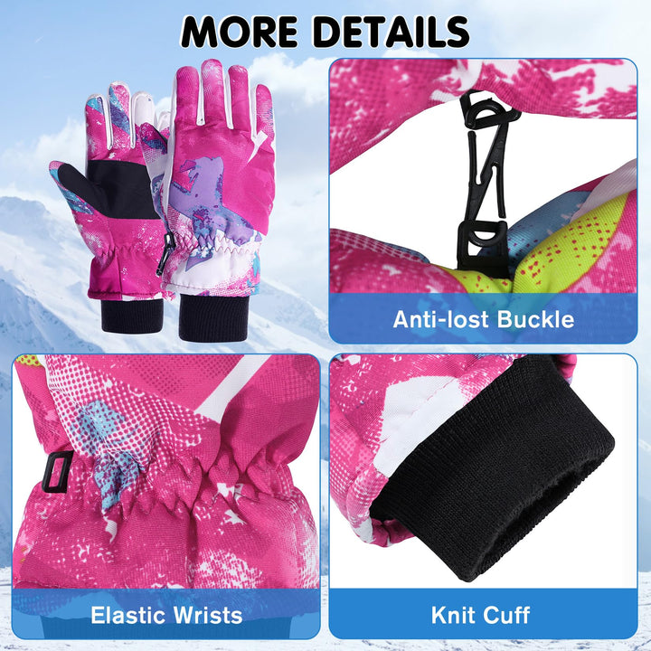 Kids Snow Gloves Warm Waterproof Gloves for Girls Boys Winter Gloves for Kids Ski Gloves Waterproof Pink 8-14 Years