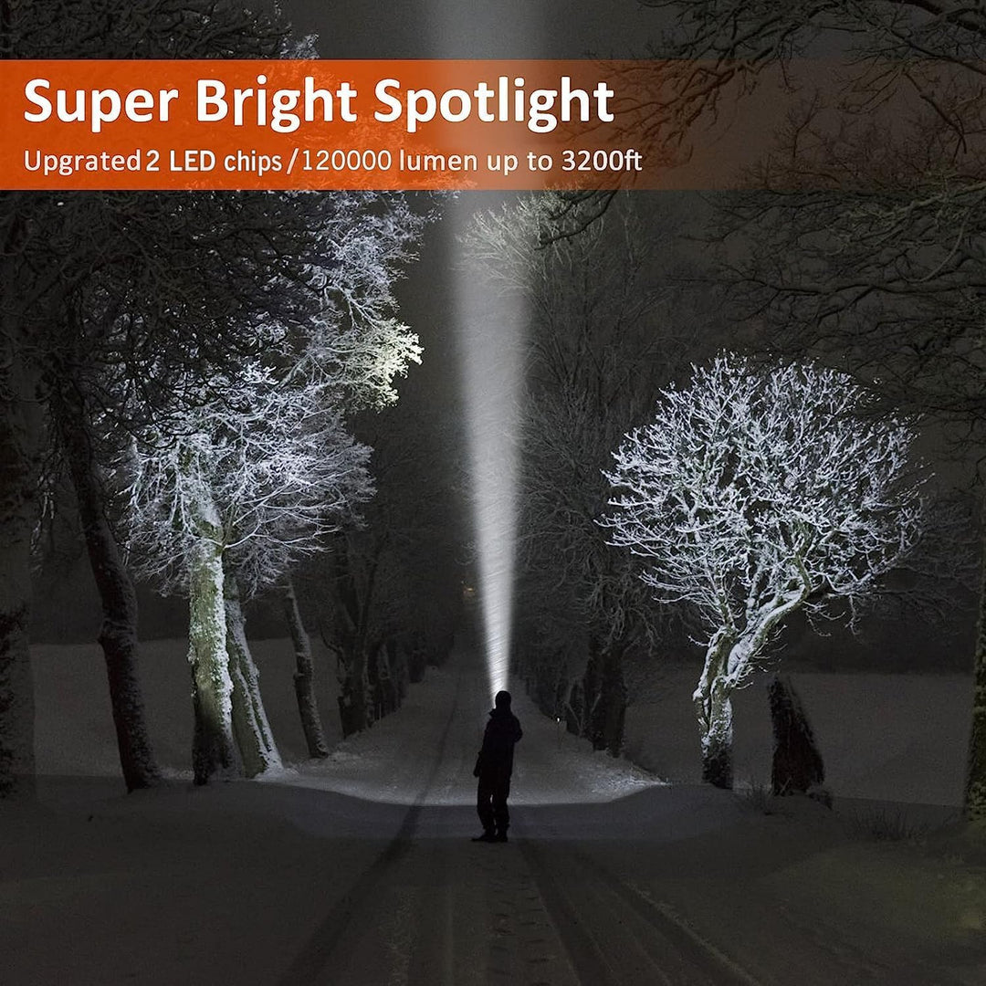 Spotlight 120000 Lumen Super Bright, 10000 mAh 30 Hours LED Rechargeable Flashlights, IP65 Waterproof Rechargeable Spotlight Come with Collapsible Tripod &amp; Strip for Hunting Boat Camping